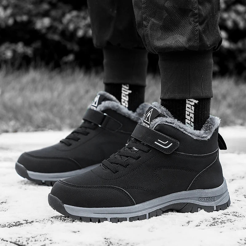 Winter Hiking Boots for Men Waterproof PU Leather Warm Snow Ankle Boots Outdoor Warm plush Non-slip Work High-top Casual Shoes